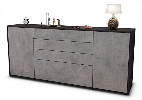 Stil.Zeit Sideboard Eleni, Korpus anthrazit matt, Front Industrie-Design Beton (180x79x35cm) Push-to-Open Technik & Leichtlaufschienen