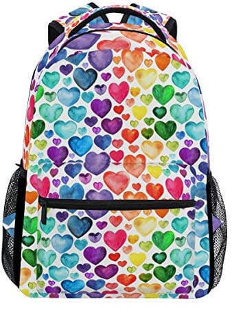 Wasserfarbener Rucksack mit Herzen, für die Schule, Schultertasche, Fitnessstudio, bunt, Regenbogen-Laptop-Tasche, Outdoor-Reisetasche für Kinder, Jungen, Mädchen, Damen, Herren
