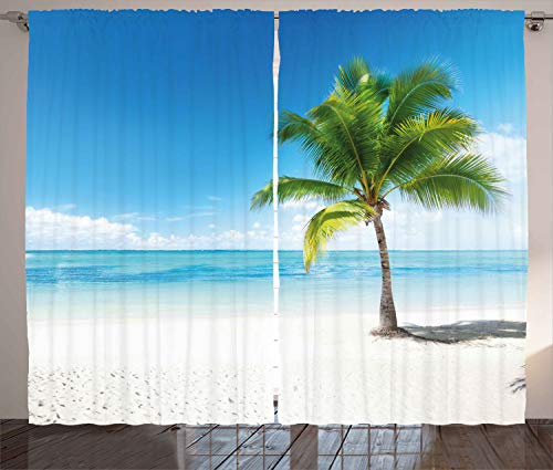 ABAKUHAUS Landschaft Rustikaler Gardine, Seeozean Palmen, Schlafzimmer Kräuselband Vorhang mit Schlaufen und Haken, 280 x 245 cm, Grün Weiß