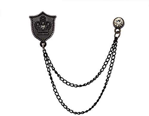 Knighthood Épinglette noire avec couronne gravée et chaîne en cristal noir à suspendre pour manteau, costume, cadeau de mariage, fête, col de chemise, accessoire broche pour homme, M, Métal