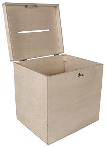 WooDeeDoo Large Deep Lockable Wooden Wedding Card Box with Slot and Hinged Lid – 29 x 25 x 30 cm – Unpainted Chest for Gifts Guest Messages or Event Decoration