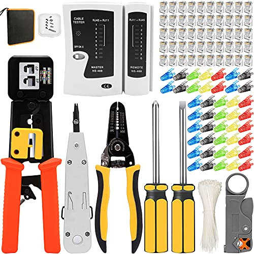 MAYLINE Crimper RJ45/RJ12/RJ11Crimp Network Tool Set, Ethernet Computer Maintenance Wire Stripping Repair Kit for Cat5 Cat6 Cable Tester Repair Wire Stripping Cutter, RJ45 Coax Plug Crimping(Yellow)