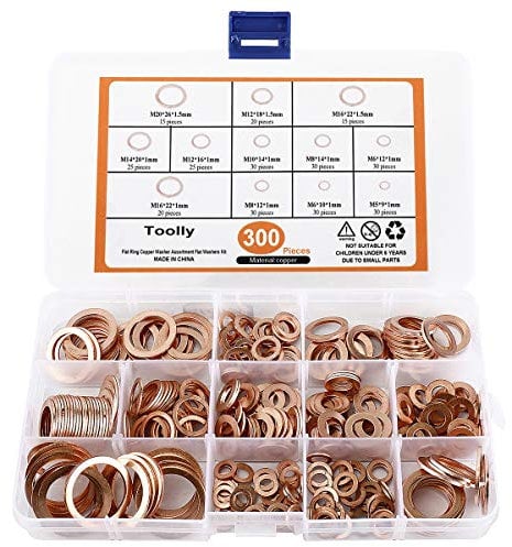 Toolly Copper Washer Assortment Set, 300Pcs 12-Sizes Copper Metric Sealing Washers Kit, Flat Washers Assortment Set - M6 M8 M10 M12 M14 M16 M18 M20