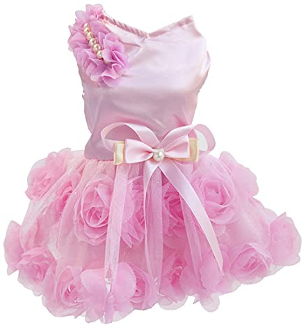 Hundekleid Luxus Welpenrock Hundekleidung Prinzessin Kleider Hochzeitsabendkleid Tutu Rock Rose Blume Bowknot Kleid für Kleine Hundemädchen Pink L