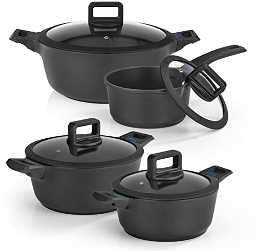 N8WERK Aluguss-Kochtopf-Set, 3x Kochtöpfe ⌀20, 24, 28 cm, 1x Stielkasserolle ⌀18 cm | Farbwechsel-Temperaturanzeige, Deckel mit Silikon-Umrandung, 3-fach Ilag Ultimate Versiegelung | Alle Herdarten