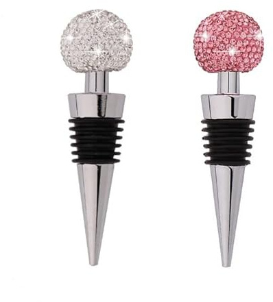 2 pack GSRYPC Bling Bling Decorative Crystal Diamond Wine Stopper,Zinc Alloy Silicone Crystal Wine Toppers Stopper Wine Set Accessories For Gifts, Bar, Holiday Party, Wedding（Silver+pink)