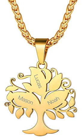 Suplight Collier Arbre de Vie pour Famille Prénom personnalisé Pendentif 3 Prénoms Gravé Acier Inoxydable avec Chaîne 55cm+5cm Bijoux Personnalisé Fête des Mère Anniversaire Noël