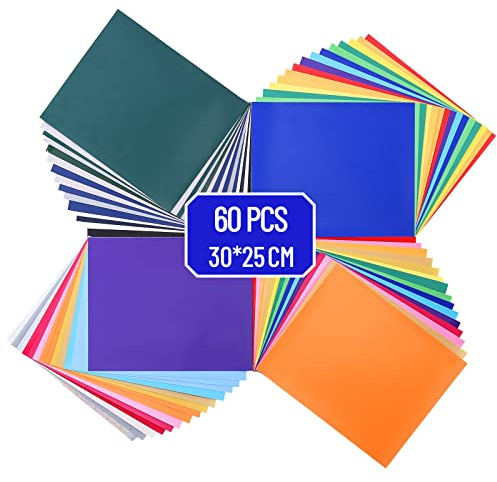 JOSPL Plotterfolie Textil 60 Stück,Vinyl Sheets 30x25 CM Vinyl Film Plotter Heat Transfer Vinyl Plotter Film Textile Plottermaschine für T-Shirt Kleidung Hüte oder Andere Stoffe Bügelfolie 21 Farben