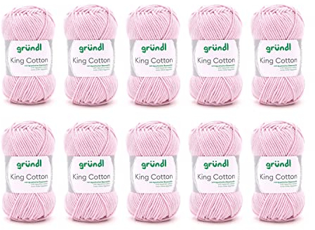 Gründl Wolle King Cotton - dicke Wolle zum Stricken - Strickgarn - Häkelgarn - weich und hautfreundlich - 55 % Polyacryl, 45 % Baumwolle - 10 Knäuel 50 g / 78 m - Nadelstärke 6-7 - babyrosa