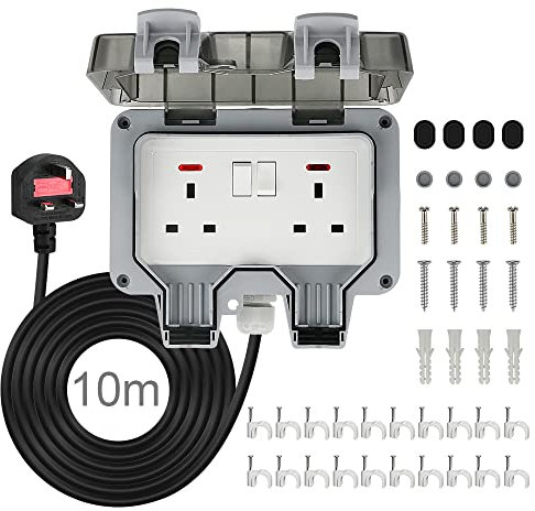 Waterproof Outdoor Sockets with 10 meters Extension Cord, Weatherproof Outdoor Double Plug Sockets, Exterior Wall Garden 2 Gang Storm Switched Socket Outside Power Socket