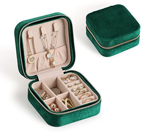 CASEGRACE Reise-Schmuckkästchen, Plüsch-Samt-Schmuckschatulle, kleiner Schmuck-Reise-Organizer, Präsentation, Ringe, Halsketten, Armbänder, Ohrringe, Aufbewahrungsbox für Damen und Mädchen, Perlweiß