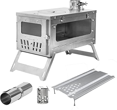 TOMOUNT Zeltofen Titanium Ofen Titan Kompakt 38,5cm Holzofen Tragbar Campingherde mit 3M Schornsteinrohr Holzkocher für Zelte, Unterkünfte und Camping