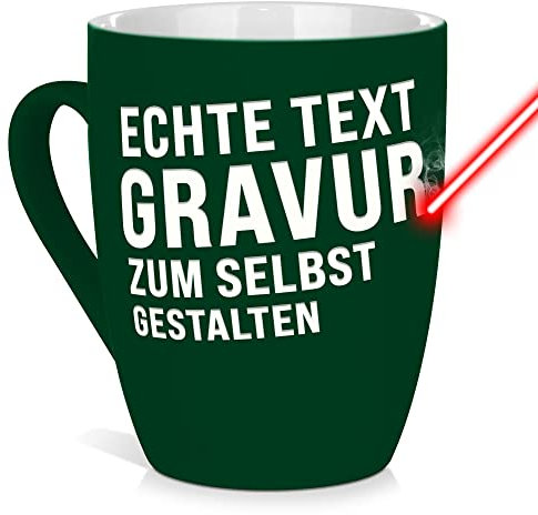 Tasse mit Gravur selbst gestalten - mit eigenem Spruch / Wunschname gravieren - Geschenk Geburtstag, Weihnachten, Freunde, Familie Keramiktasse außen gummiert - Grün, 300 ml I Lasergravur
