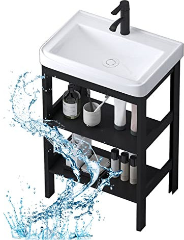 Lavabo de Cerámica,Fregadero con Patas Acero,Independientes Fregadero Multiusos con Grifo Mezclador Frío, portatil Fregadero Exterior Jardin Mueble Pila lavadero Apto para Interior y Exterior ( Color