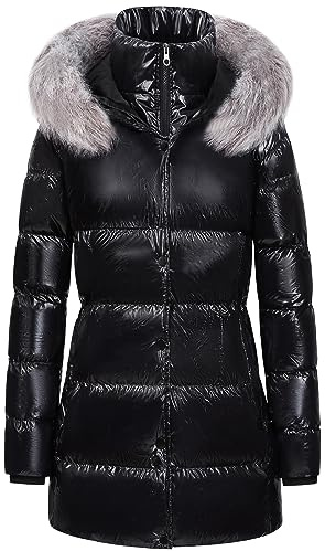 CREATMO US Women's Winter Coats Snow Parkas Anoraks Hooded Military Jacket Ladies Shiny Long Parka Shine Black M