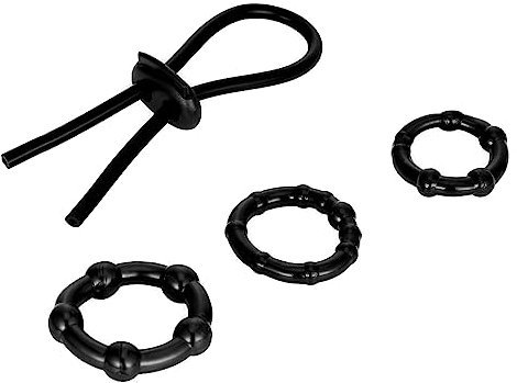 Belmalia Juego de Anillos para Pene, Juguetes Sexuales para Hombres | 3 Anillos de Silicona Suave para el Pene más Lazo Ajustable para el Pene | Duro Grande Intenso Largo | Anillo de Placer Negro