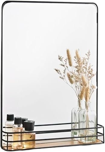 HOMELOX Black Metal Frame Wall Mounted Mirror With Wooden Shelf - Hallway Mirror