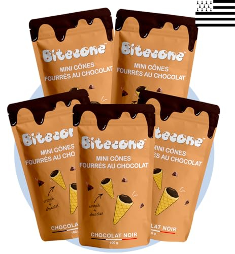 BITECONE - Dunkle Schokolade | Ende der Eistüte | Mini-Waffelhörnchen mit dunkler Schokoladenfüllung | Packung mit 5 Beuteln | Französische Marke | Snacks mit nachhaltigem Kakao | Ohne Palmöl | 500g