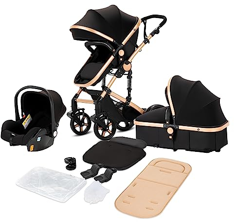 Magic ZC Kinderwagen 3 in 1, Kinderwagen mit Faltbarem Tragbarem One-Click-Design, Buggy mit Umkehrbarem Zwei-Wege-Schub, Kinderwagen 3 in 1 Komplettset mit Zubehör Hohe Landschaft (black gold 588)