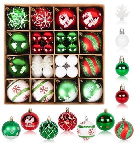 42-Teiliges Weihnachtskugeln Set, 42 Stück Bruchsicher Kunststoff Weihnachtsbaumkugeln Rot Grün Weiß, 3 und 6 cm Christbaumkugel-Ornamente mit 2 Kiefernzapfen für Weihnachtsbaum, Festival Dekor