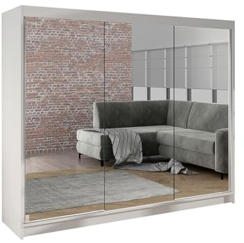 Mirjan24 Kleiderschrank Dotan III mit Spiegel, Kleiderstange und Fächer, Schlafzimmerschrank, Schwebetürenschrank, Garderobenschrank, Dielenschrank (Weiß/Weiß + Spiegel)