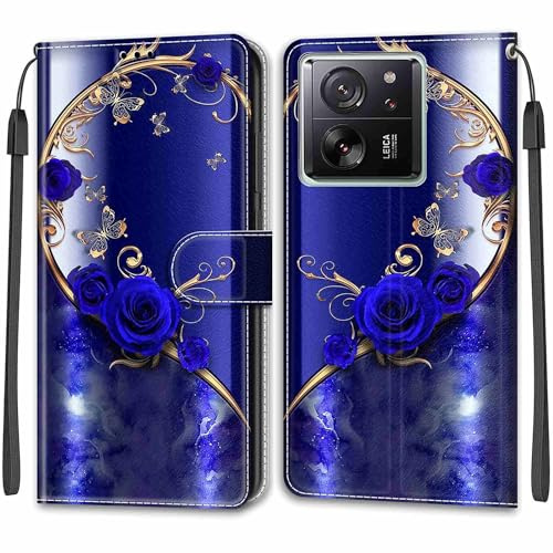 TOMYOU Handyhülle für Xiaomi 13T / 13T Pro 5G Hülle, Blaue Rose | Standfunktion, Kartenfach, Magnetisch, Stoßfeste Schutzhülle, Flip Leder, Klapphülle