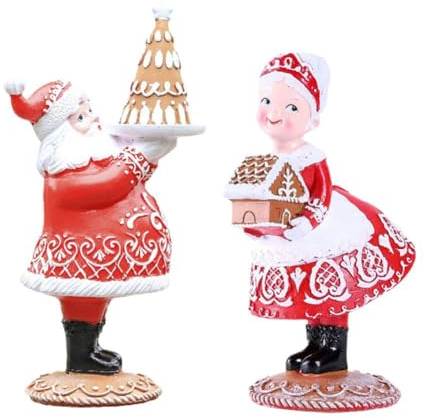 LVTFCO 2024 Mr,Santa und Mrs.Santa Weihnachtsfiguren Vintage Weihnachtsdekoration Santa Gitfs Paar Statue Dekor Lebkuchen Harz