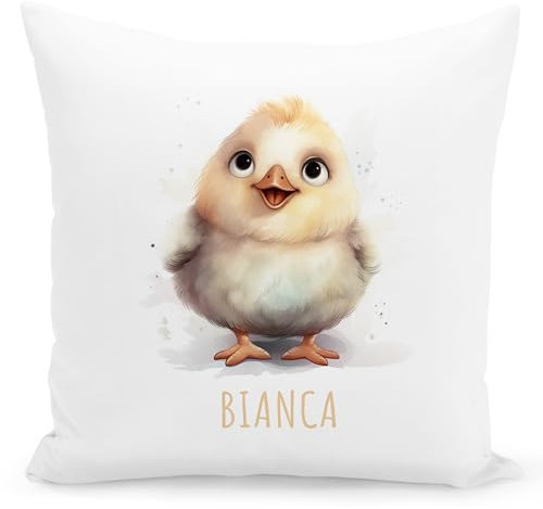 DEL MÀ Unique & Personal Huhn Kissen personalisiert mit Namen Kinderkissen Kuschelkissen Kinder Geschenk Kinderzimmer Deko Junge Mädchen Zierkissen Dekokissen 40x40 cm inkl. Füllung und Bezug