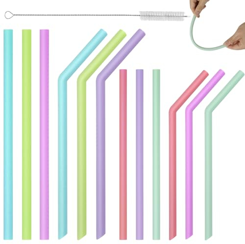 Omsscun 12 Pièces Pailles en Silicone, Paille Enfant, Pailles à Boire Réutilisables Coloré avec Tubes Coudée et Droits avec Brosse de Nettoyage pour Lait, Jus, Café, Bubble Tea (20cm/24.5cm)