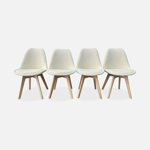 Alice's Garden sweeek - Lot de 4 chaises scandinaves NILS revêtement Bouclette Blanche. Pieds Bois de hêtre. Chaise 1 Place