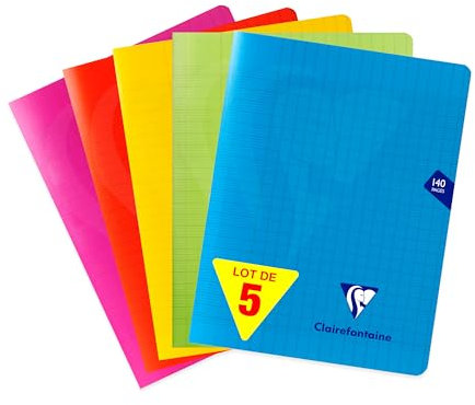 Clairefontaine 303781Cpack Un lot de 5 Cahiers Agrafés Mimesys - 17x22 cm - 140 Pages Grands Carreaux - Papier Blanc 90 g - Couvertures Polypro Assorties Aléatoires