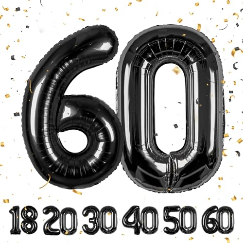 60 Geburtstag Deko zahlen luftballon 60 jahre | Folienballon Schwarz - für 60. Geburtstagsdeko Männer Frauen Ballon Zahl Deko zum Geburtstag fliegt mit Helium 60.Geburtstagsparty 40-101cm