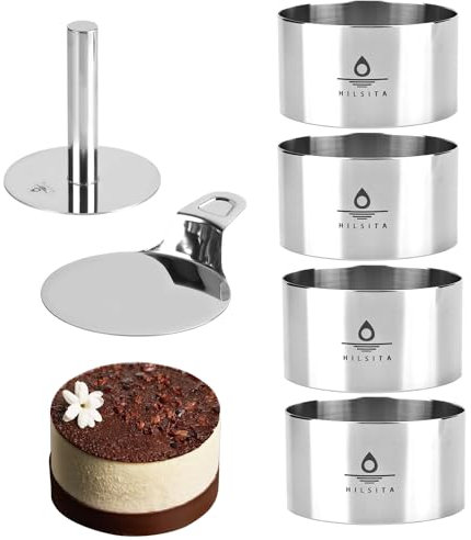 Hilsita 6-Pieces Set Lebensmittel Backen Ringe mit Presse & Spachtel, Höhe 5,5 cm, 4 Zoll Edelstahl Runde Kuchenring für Pasta-Gerichte, Tartare, Dessert Ringe, Gebäck Torten Ring