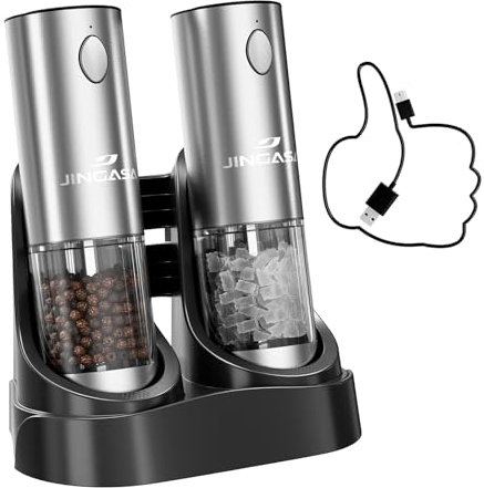 [Upgraded Larger Capacity] Electric Salt and Pepper Grinder Set with USB Charging Base, 95ml Large Capacity, Adjustable Coarseness,Stainless Steel Automatic Pepper Mill (Upgraded Capacity-A)
