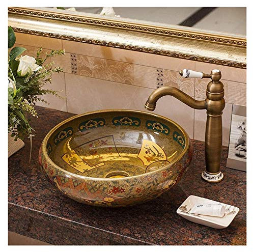 Tu Ye Vessel Sinks, Bathroom Vessel Sink Luxury Hotel Art Sink V-intage Brown Round Bowl Bathroom Vessel Sink Above Counter Countertop Bowl Sink Basin