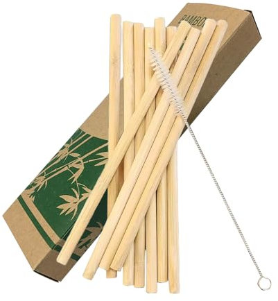 SULIVES Lot de 12 pailles en bambou avec brosse de nettoyage, réutilisables, 20 cm, 100 % naturelles, biodégradables, respectueuses de l'environnement, alternative durable aux pailles en métal et