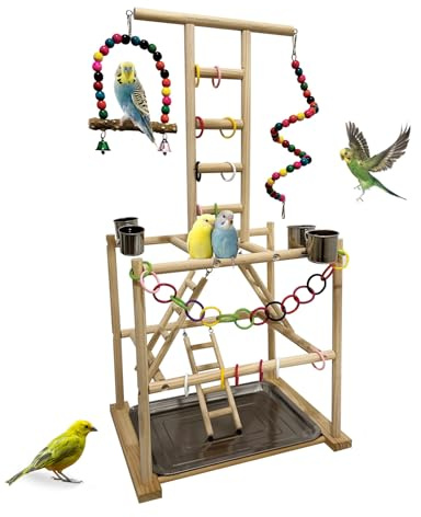 Niwaes Bird Play Stand, Large Parakeet Playground, Natural Wood Parrot Perch Stand, Birds Play Gym Cockatoos Cage Accessories with Feeder Cups Swings for Cockatiel Budgie Conure