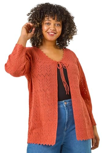 Roman Curve Crochet Tie Front Cardigan for Women UK - Ladies Everyday Holiday Spring Summer Comfy Soft Evening Vacation Work Party - Red Plus - Size 22