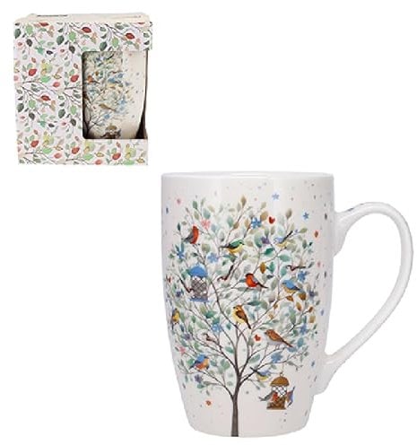 KIUB Très grand mug porcelaine arrondi - motif grand arbre rempli d'oiseaux heureux - hauteur 13CM - contenance 445ML - boite assortie