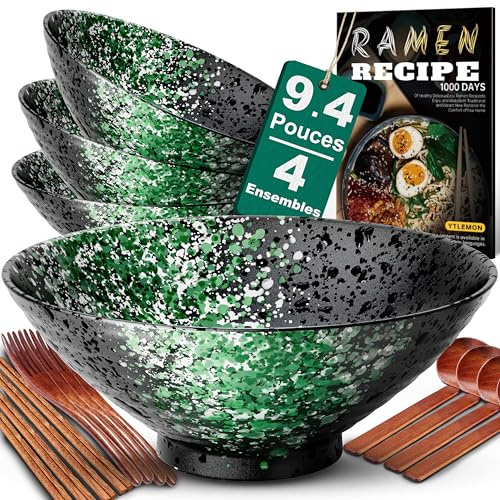 9.4Inch Ceramic Ramen Bowl Set of 4 (17 Piece) - Porcelain Japanese Salad Noodles Cereal Fruit Pasta Soup Large Bowls with Recipes Chopsticks Forks Spoons for Men Women Gift Microwave Dishwasher Safe