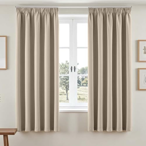 Vangao Gardinen mit Kräuselband Wohnzimmer H175 x B140cm 2er Set, Beige | Vorhänge Blickdicht für Schienensystem 175 Lang, Schlafzimmer Kinderzimmer Fenster, Thermo Vorhang Verdunkelnd 175 lang