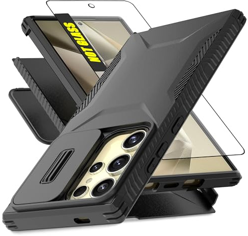 AWZHYDT for Samsung Galaxy S24 Ultra Case with Built-in Slide Camera Cover & Screen Protector, [2 in 1] Heavy Duty Rugged Shockproof Protective Cover for Galaxy S24 Ultra(Black)