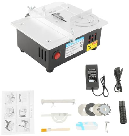 Mini Tischkreissäge mit 4 Klingen, 96W Präzisions Tischsäge, 7-Gang einstellbar, 5000 U/min, 45°-Schrägschnitte, Einstellbereich Sägeblatthöhe 0,1–15 mm für DIY, Holz, Acryl schneiden usw