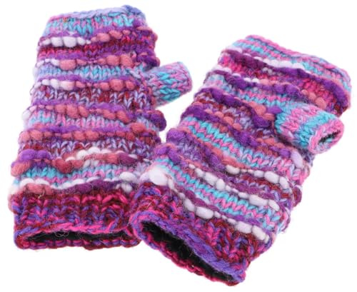 Handstulpen, gestrickte Wollstulpen aus Nepal, Fleece | Farblich abgesetzte Pulswärmer, aus reiner Schurwolle, mit extra Daumen, Unisex, warm und bequem