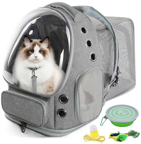 Transportín Mochila Gato Transparente Extensible Burbuja, Mochila Gatos Transporte, Mochila Transportín Perro y Gatos Pequeños Medianos hasta, Transpirable Plegable para Viajes Coche Gris