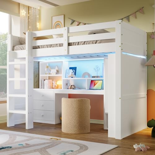 Wiuzo Hochbett, 90x200cm, Mit LED-Leuchten, Kleiderschrank, Schreibtisch, Schubladen, Staufächer, Ohne Matratze, Weiß