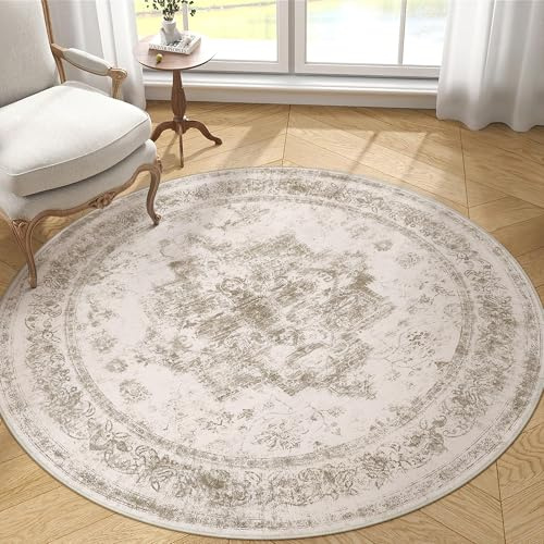 HUGEAR Beige Vintage Teppich Rund 180cm Waschbar | Waschbarer Runder Teppich,Rutschfester Kurzflor,für Wohnzimmer,Schlafzimmer,Esszimmer Büro,Carpet, Bedroom, Teppiche