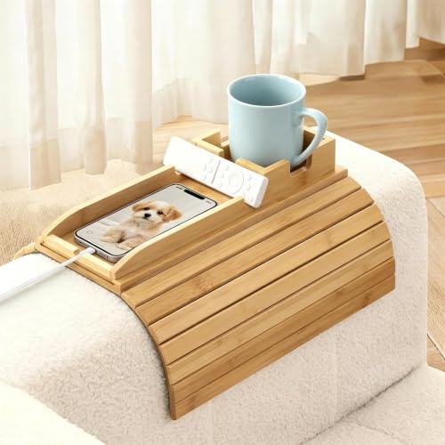 Vassoio in Legno per Bracciolo con Vassoio Magnetico Rimovibile, Portabicchieri e Slot per Telefono – Organizer Multifunzionale per Divano, Soggiorno e Ufficio