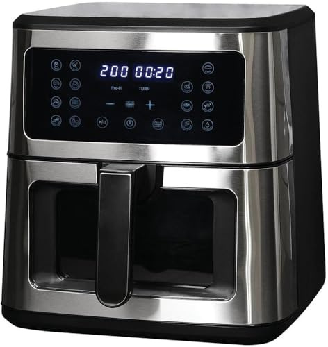 wilko 8L Digital Air Fryer with Drawer, Silver and Black, LED Touchscreen, 16 Preset Menus, Large Window, Non-Stick Cooking Pot and Tray, Overheat Protection, 230V, 1800W