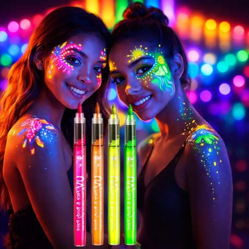 4PCS Neon Face Paint Kit with Face Paint Pens and Body Paint,Glitter Face Paint and Neon Paint Set,Facepaint for Festival Accessories,Party Accessories for Adults,Portable(Pink+Orange+Yellow+Green)